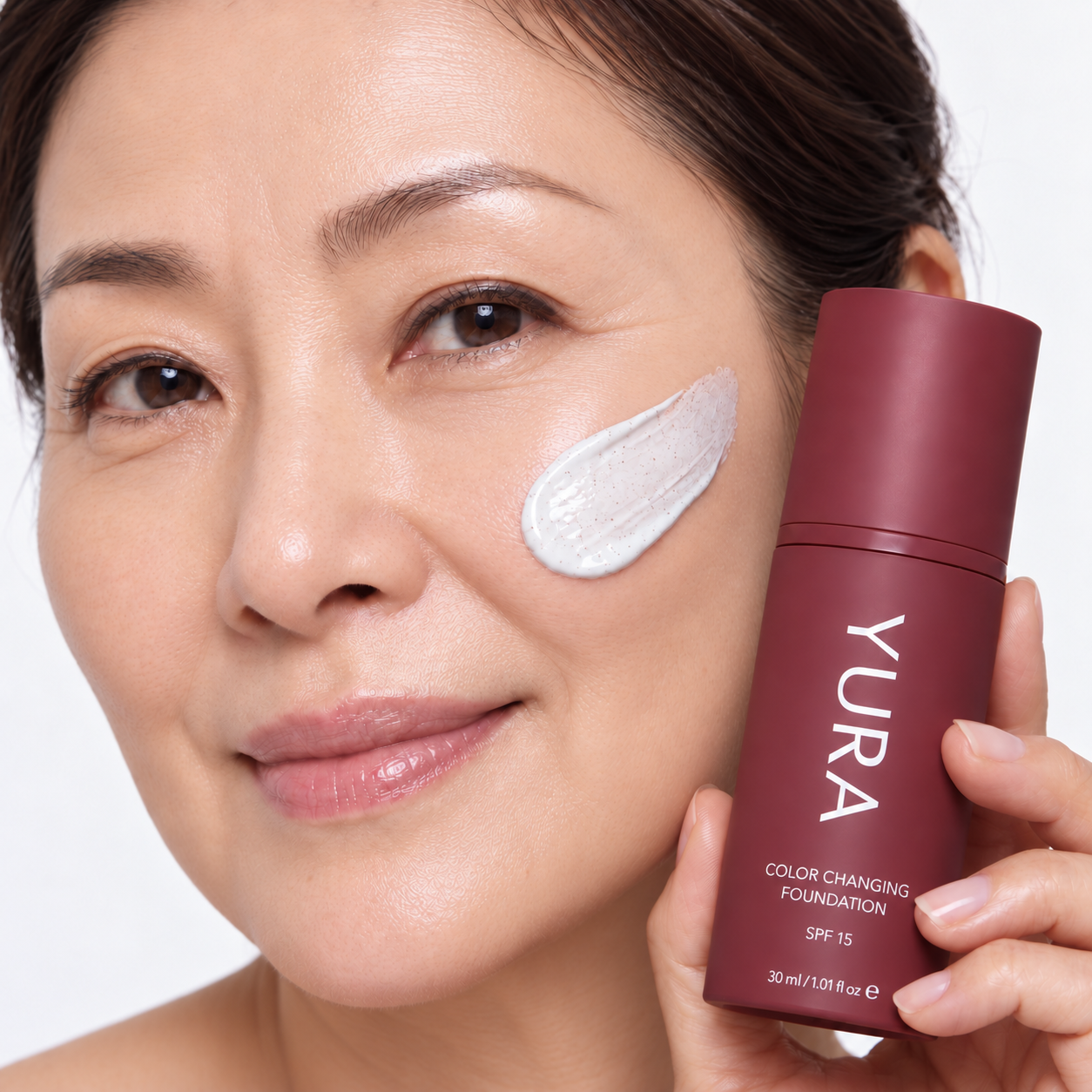 YURA colour-changing foundation on a Korean woman