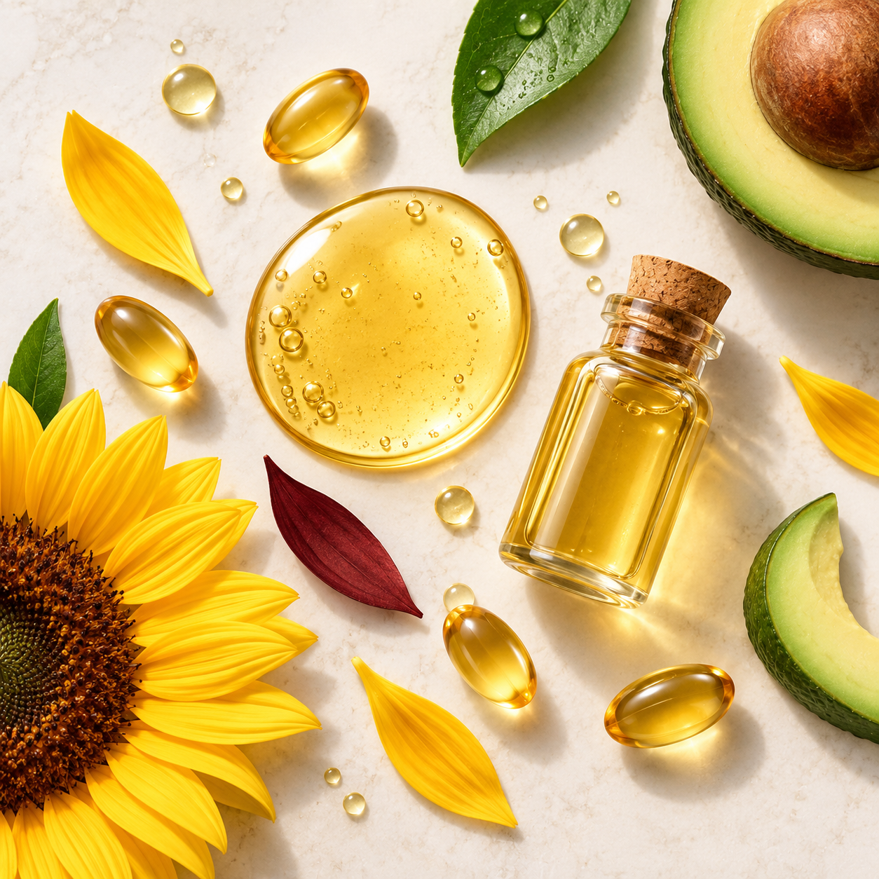 Vitamin E skincare ingredient with golden oil and sunflower
